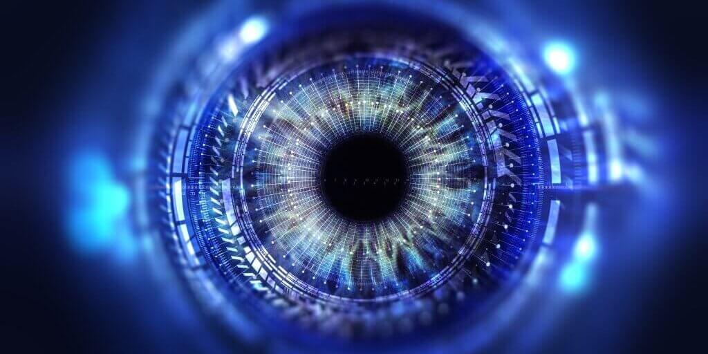 Eye viewing digital information represented by circles and signs, background depth of field. Technology concept. 3D illustration